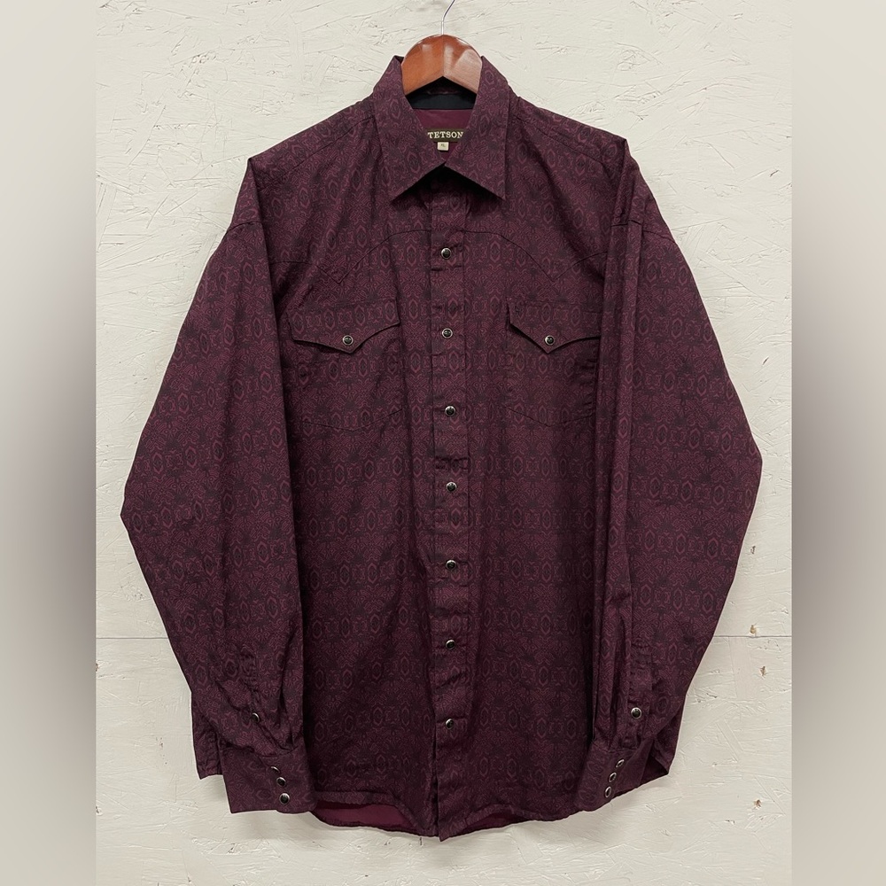 Stetson Western Pearl Snap Collared Dress Shirt, Size XL, Burgundy Patterned